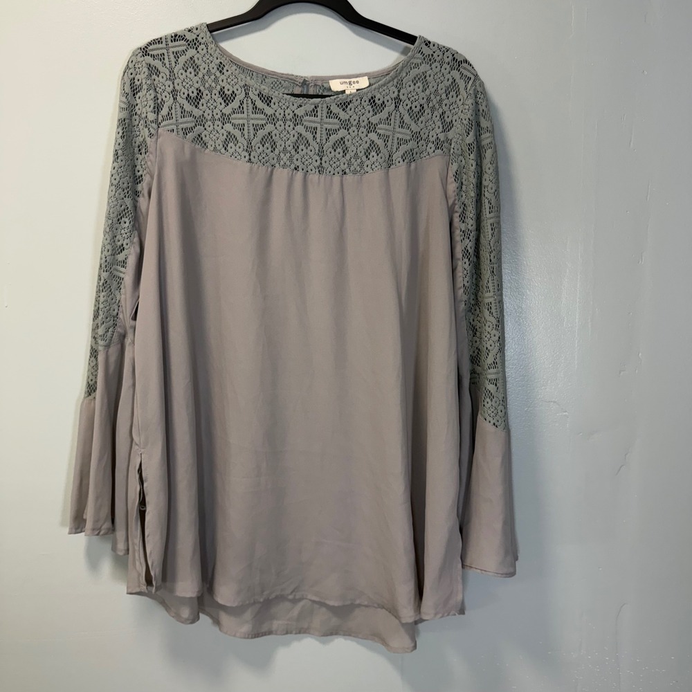 Umgee USA Women Silver Grey Lace Crochet Bell Sleeve Boho Blouse Top C3302 L